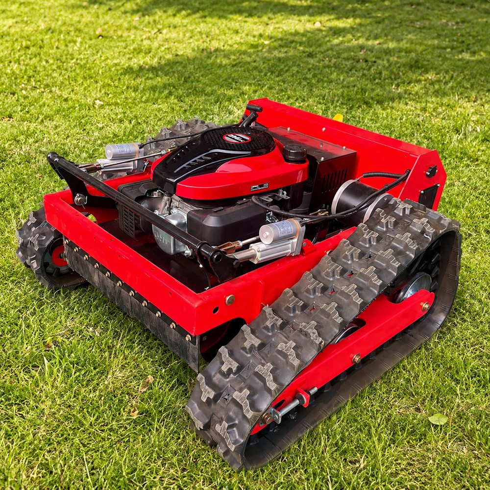 Remote control mower working on rough grassland and sloped terrain