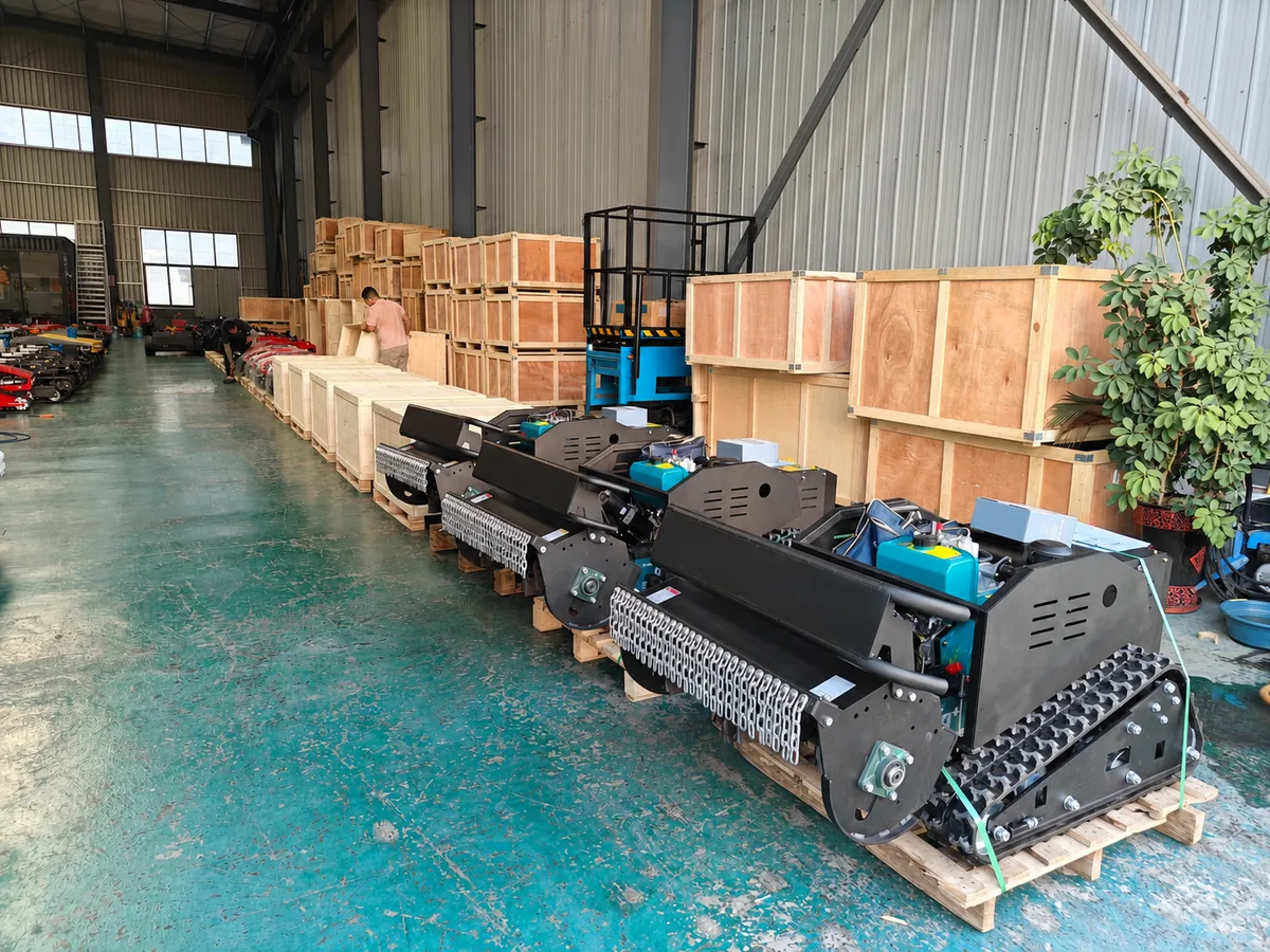 Remote control lawn mowers prepared with wooden packing for overseas shipment