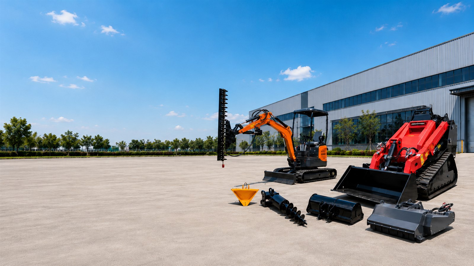 Mini excavator and skid steer loader attachments for digging, drilling, loading and land clearing