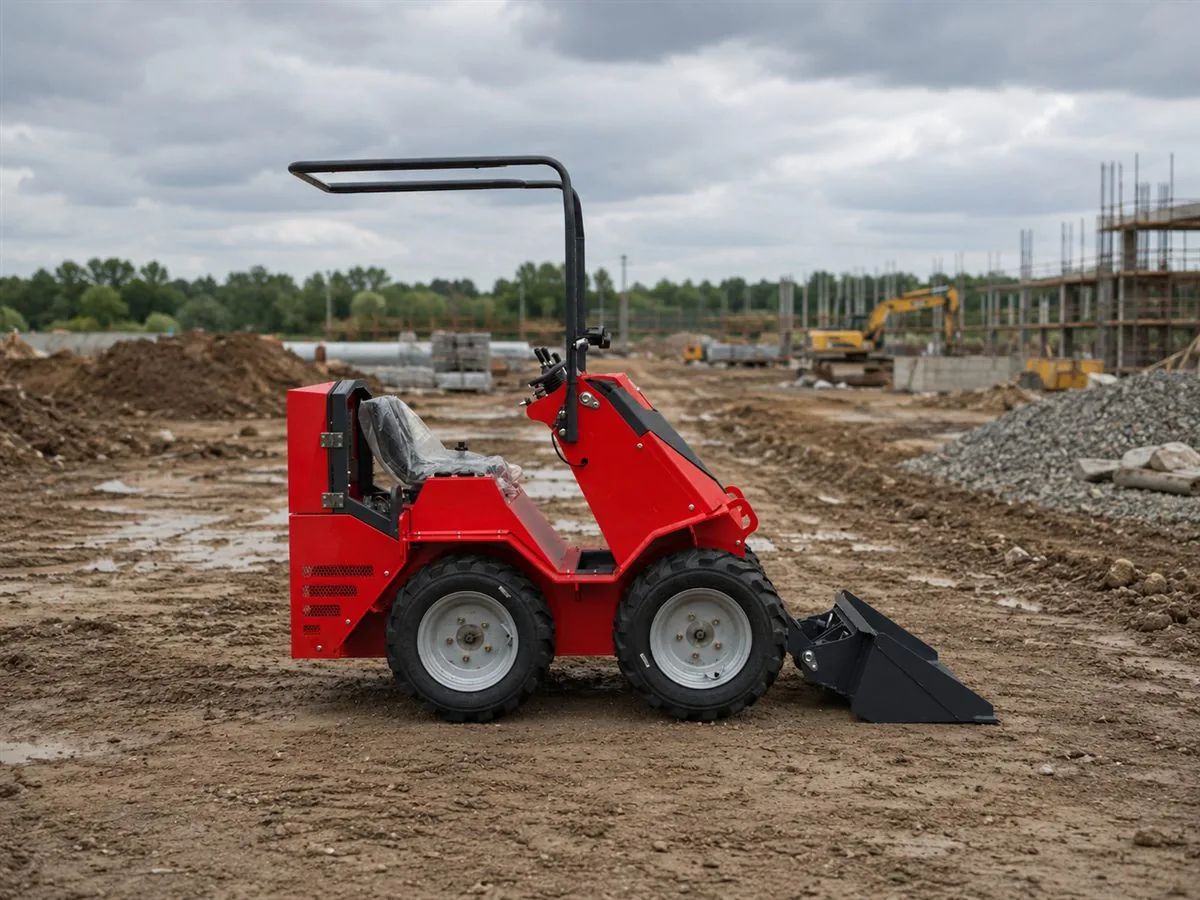 KORVA S390 ride-on wheel mini skid steer loader side profile with bucket lowered