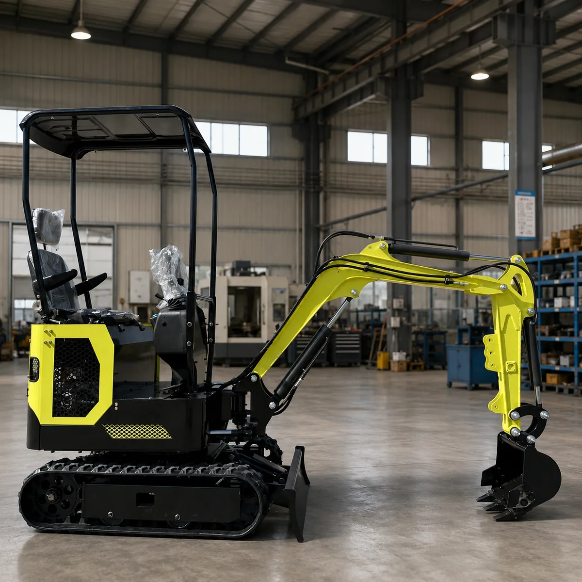 KORVA T10-1 1 ton mini excavator left side view in the workshop