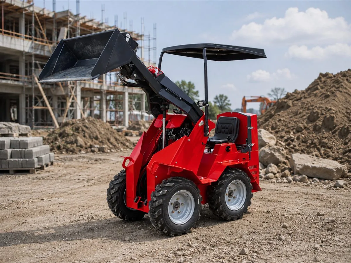 Red KORVA S390 wheel ride-on mini skid steer loader comparison view