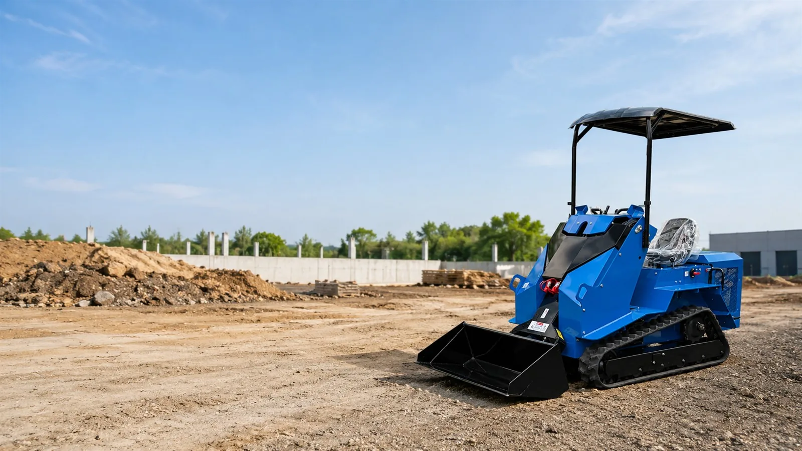 Black KORVA T490 ride-on tracked mini skid steer loader at a construction site
