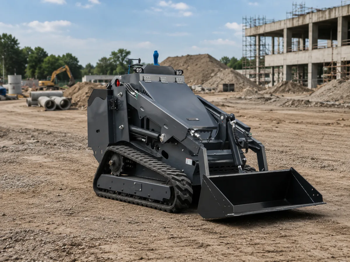 KORVA T750 tracked mini skid steer loader front angle with general purpose bucket