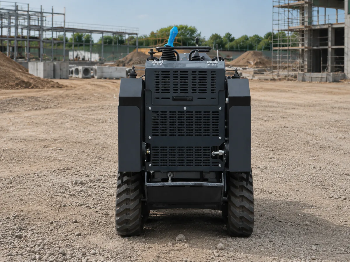 KORVA T750 tracked mini skid steer loader rear view showing the compact machine body