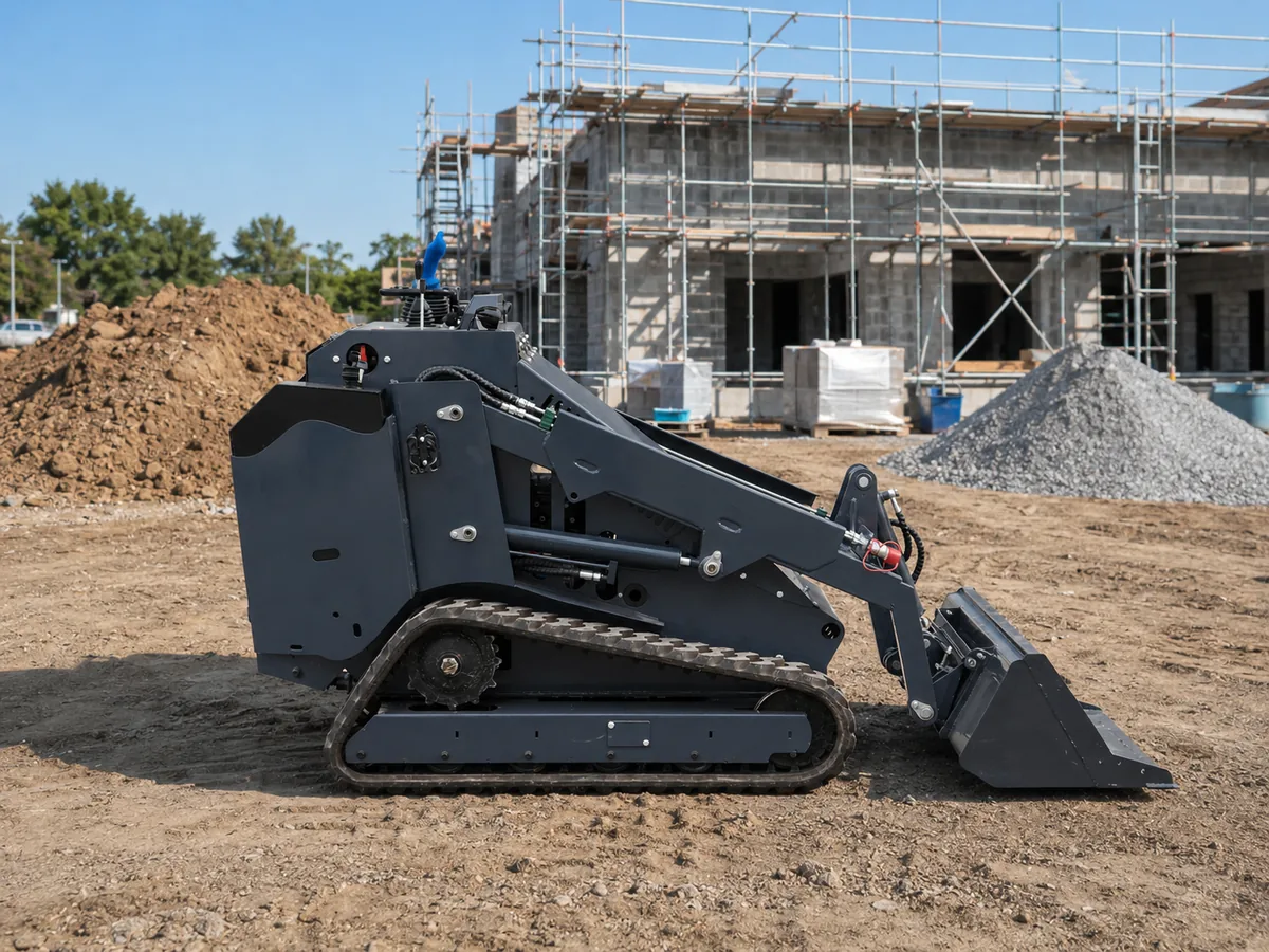 KORVA T750 tracked mini skid steer loader front bucket view for construction loading