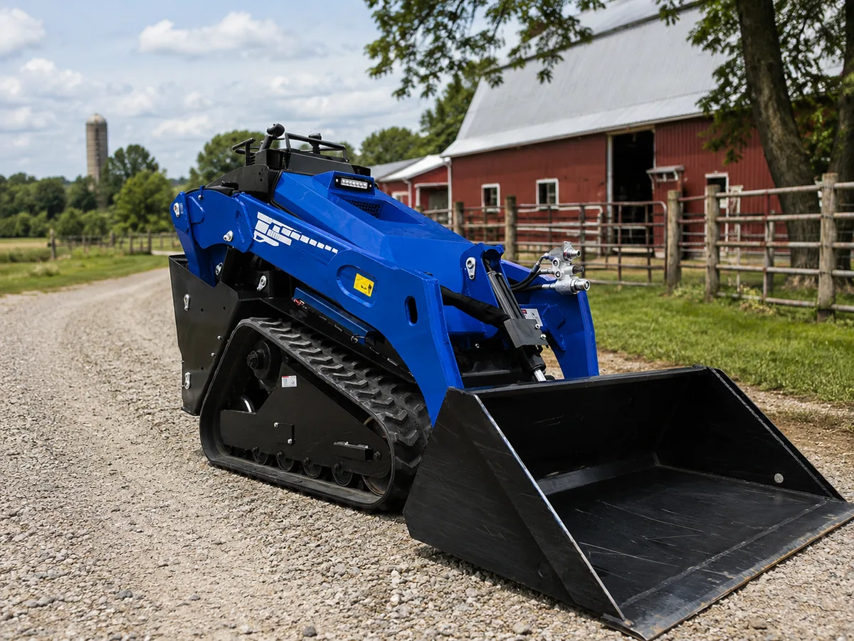Blue V1000 mini track loader for farm material handling
