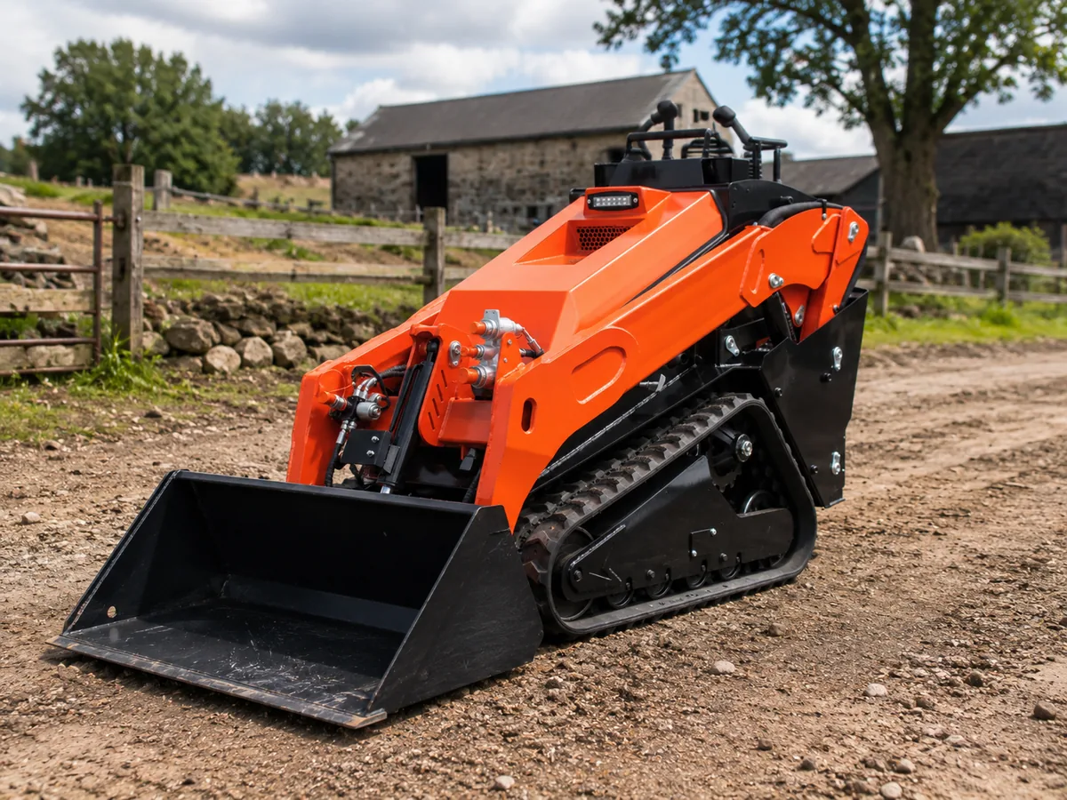 V1000 mini tracked loader side view on farm ground