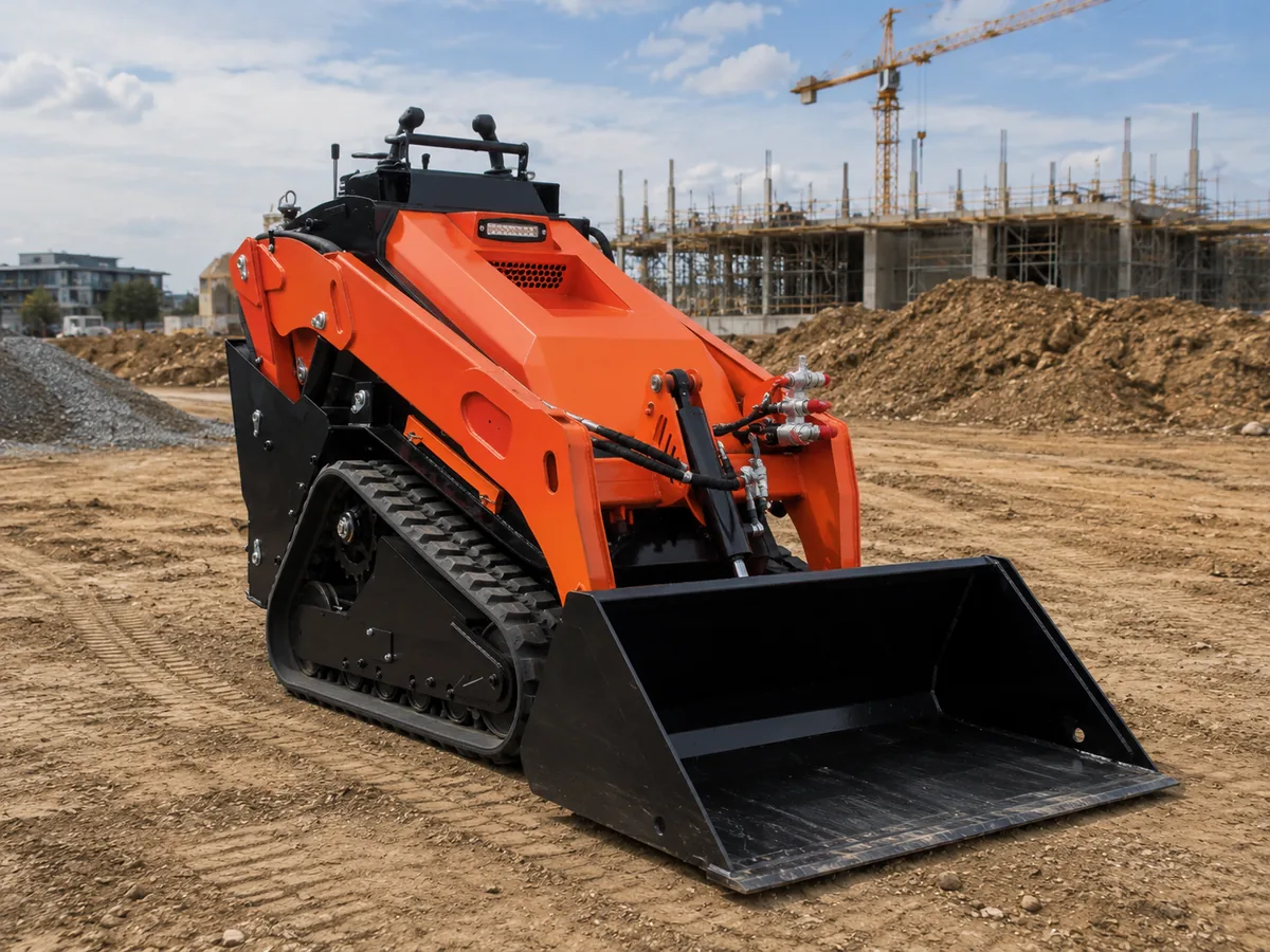 V1000 compact track loader with bucket at a construction site