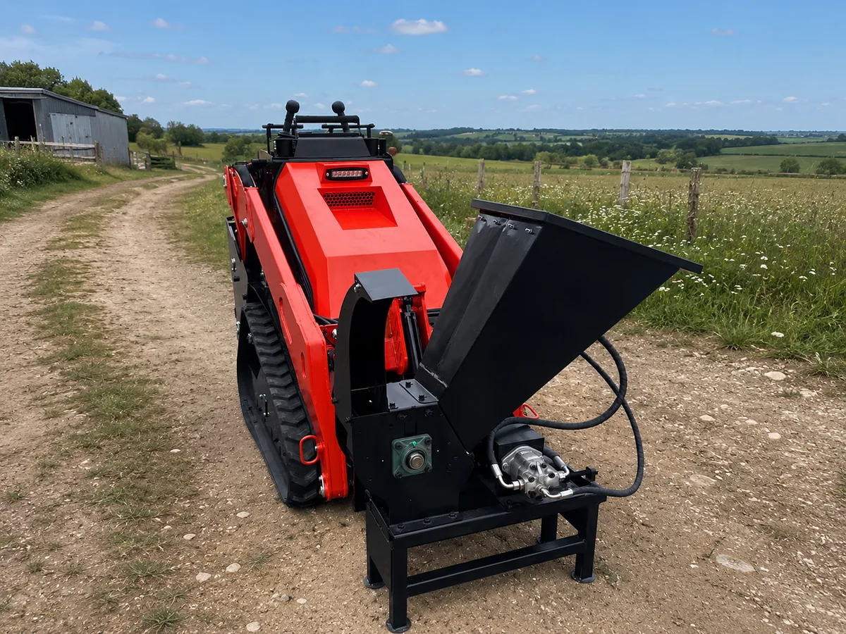 V1000 mini tracked loader with hydraulic wood chipper attachment