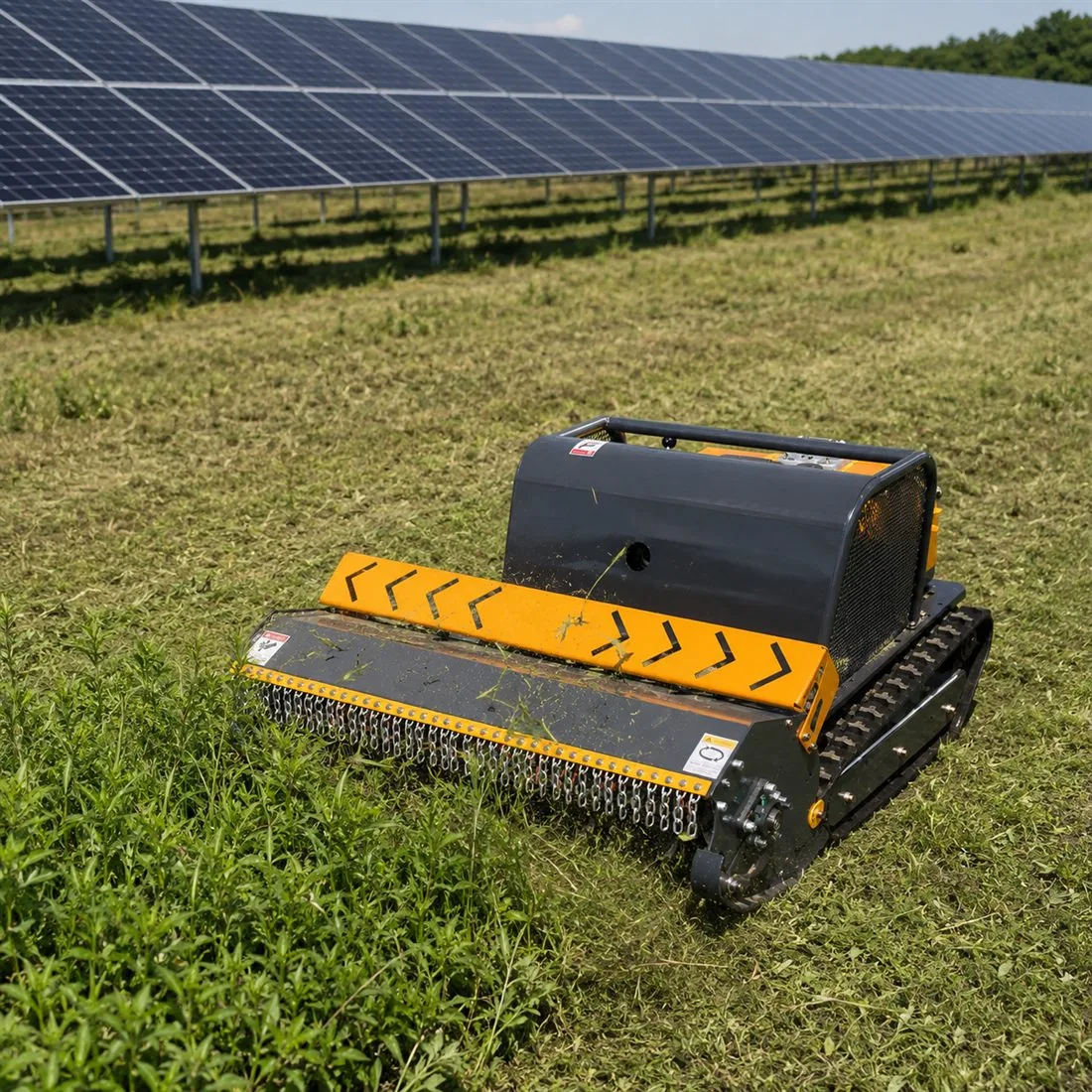 SH-LB remote control flail mower maintaining grass under solar farm panels
