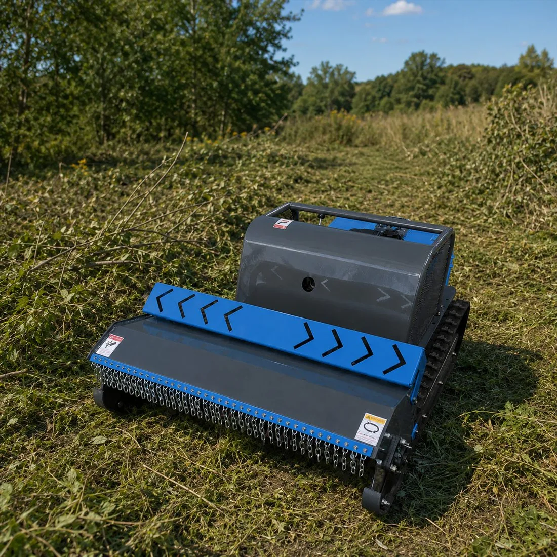 Blue OEM SH-LB tracked brush cutter with custom color for rough vegetation clearing