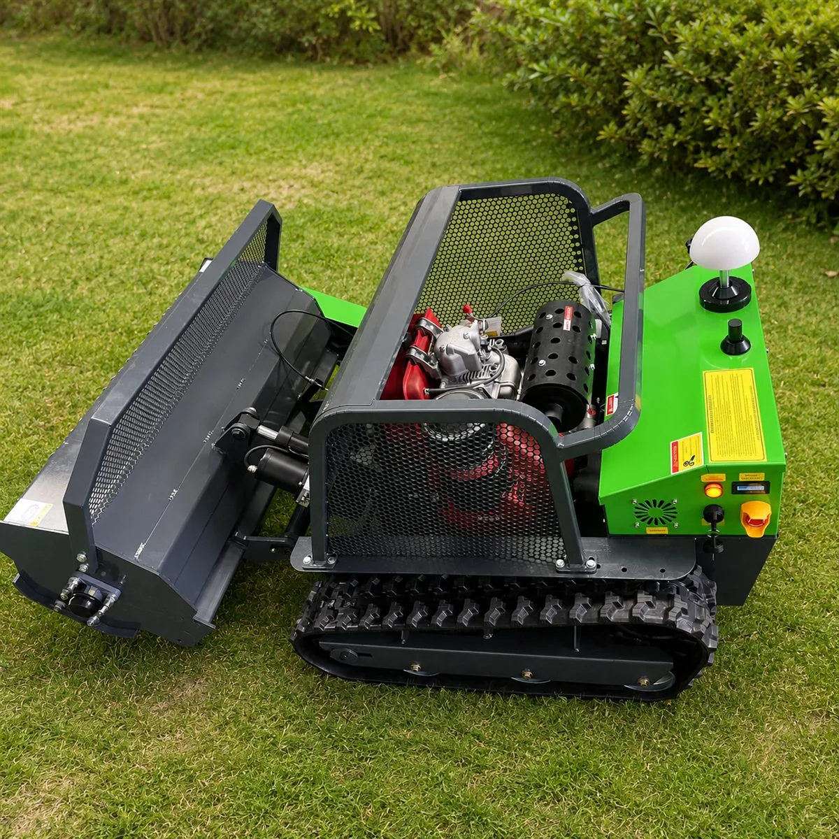 SH-LB tracked brush cutter rubber track undercarriage and engine access detail