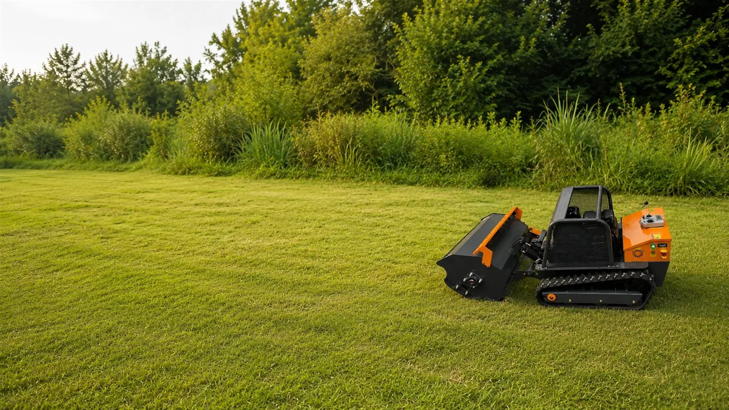 SH-LB remote control flail mower on clean grassland with open text space