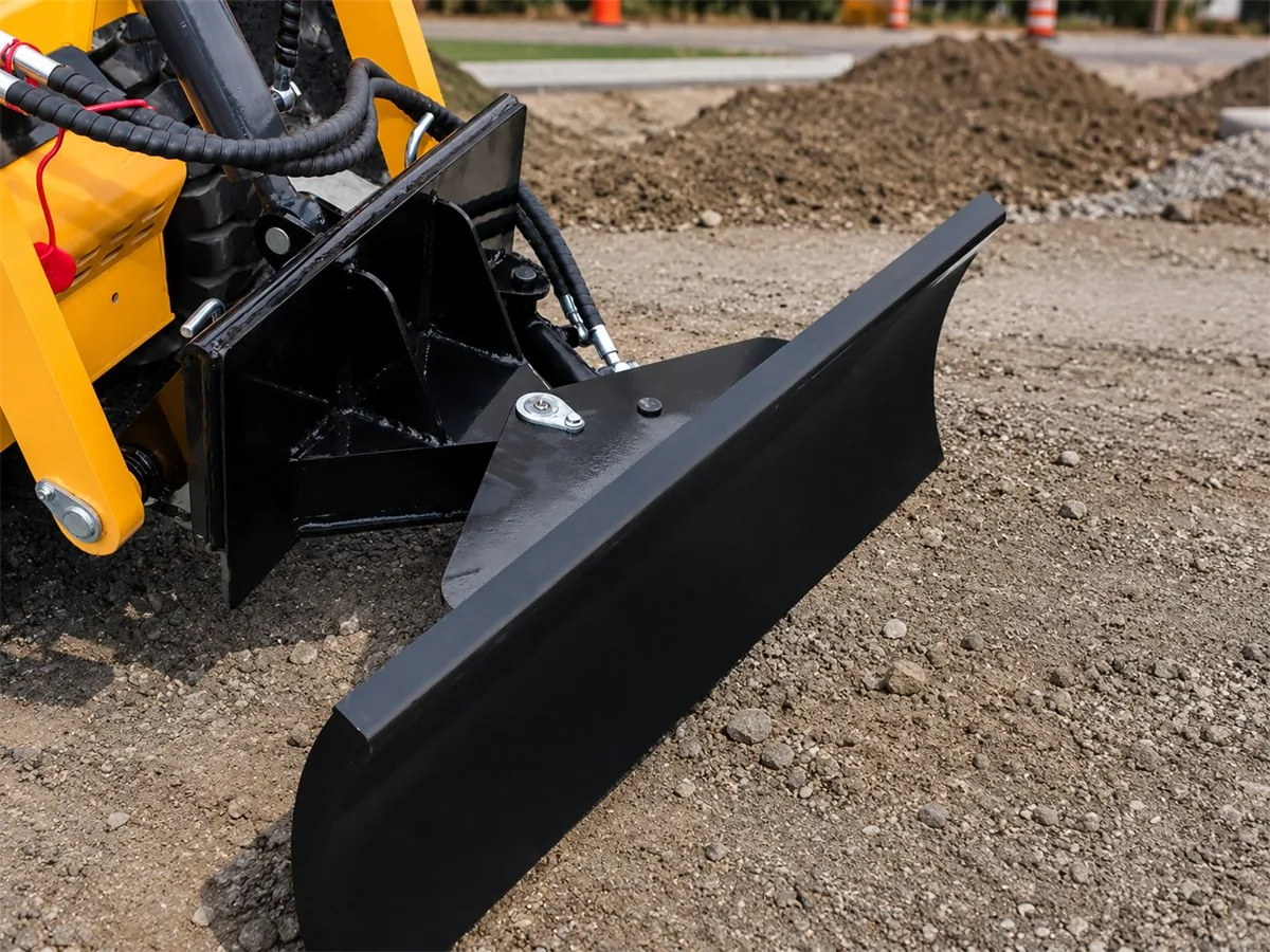 Mini skid steer dozer blade for grading soil and clearing light snow