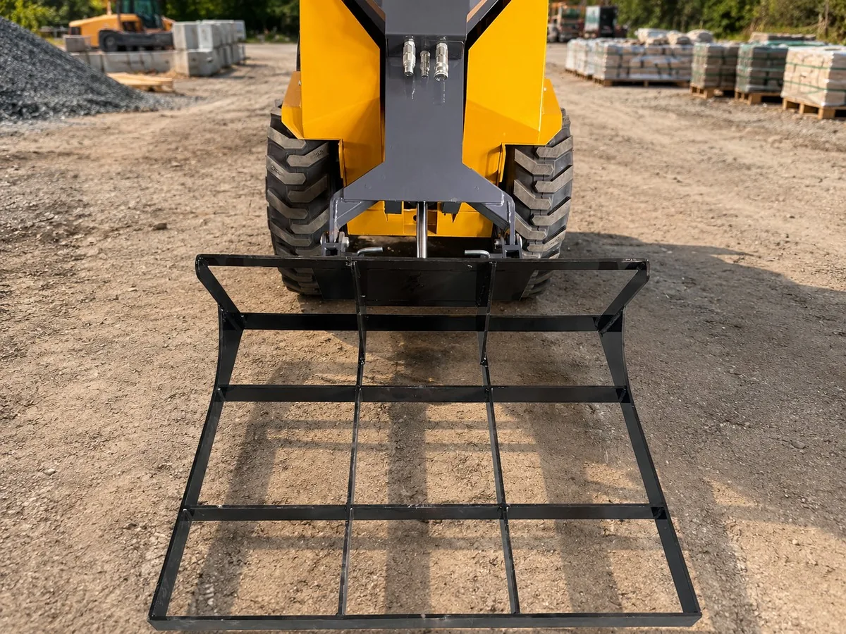 Mini skid steer land leveler attachment for grading soil and preparing flat surfaces