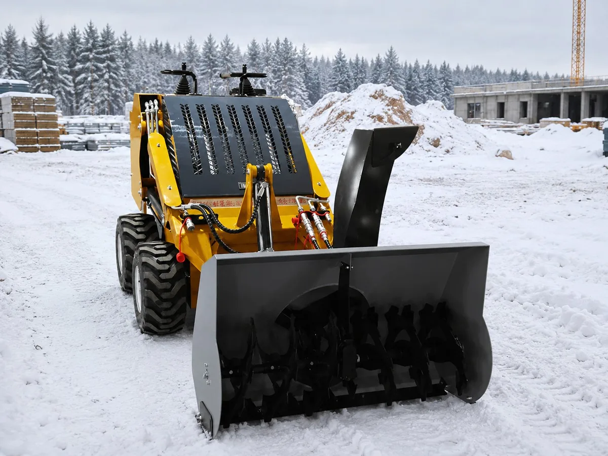 Mini skid steer snow blower attachment for clearing snow from roads and properties