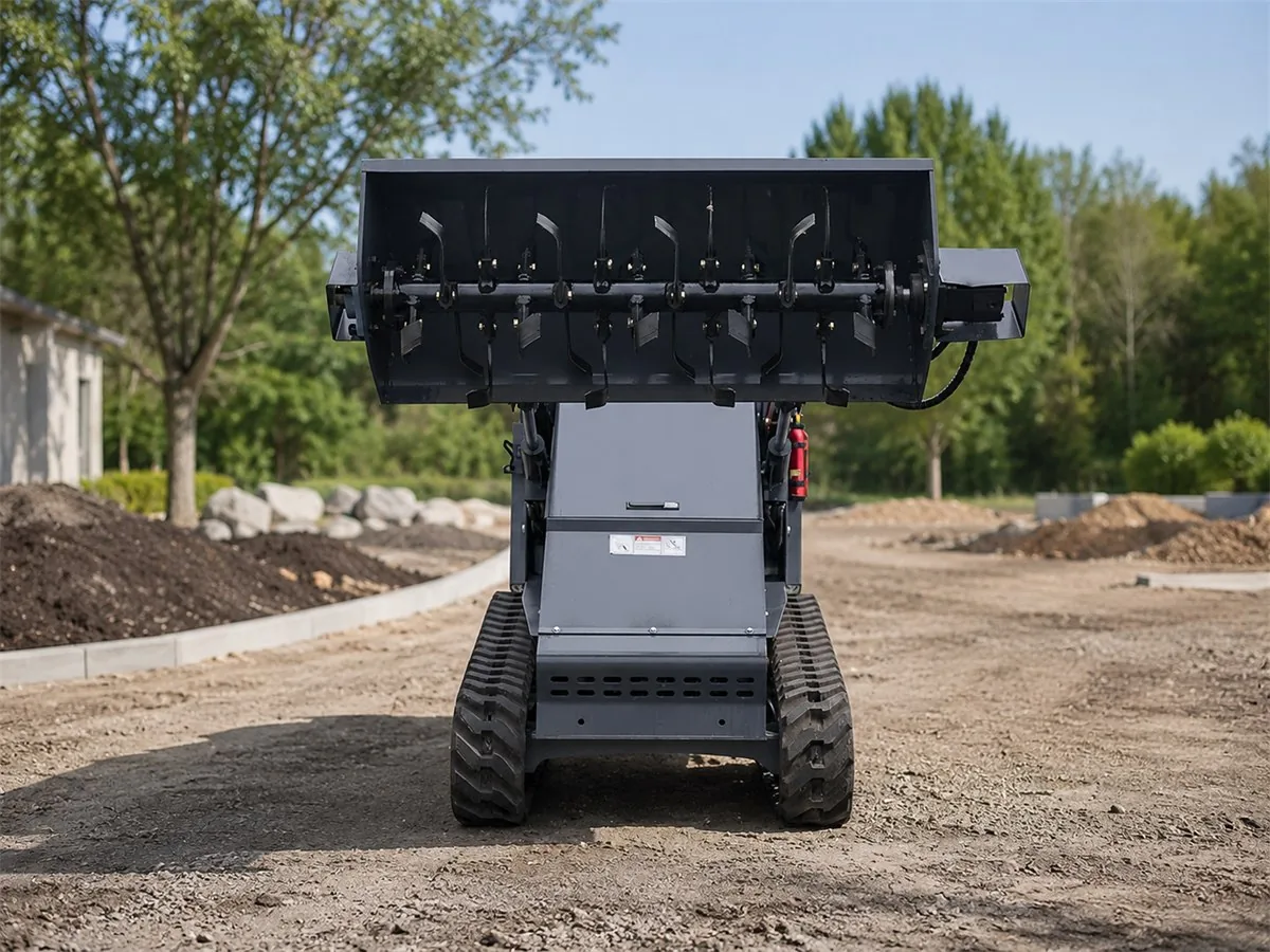 Mini skid steer soil cultivator attachment for landscaping and ground preparation