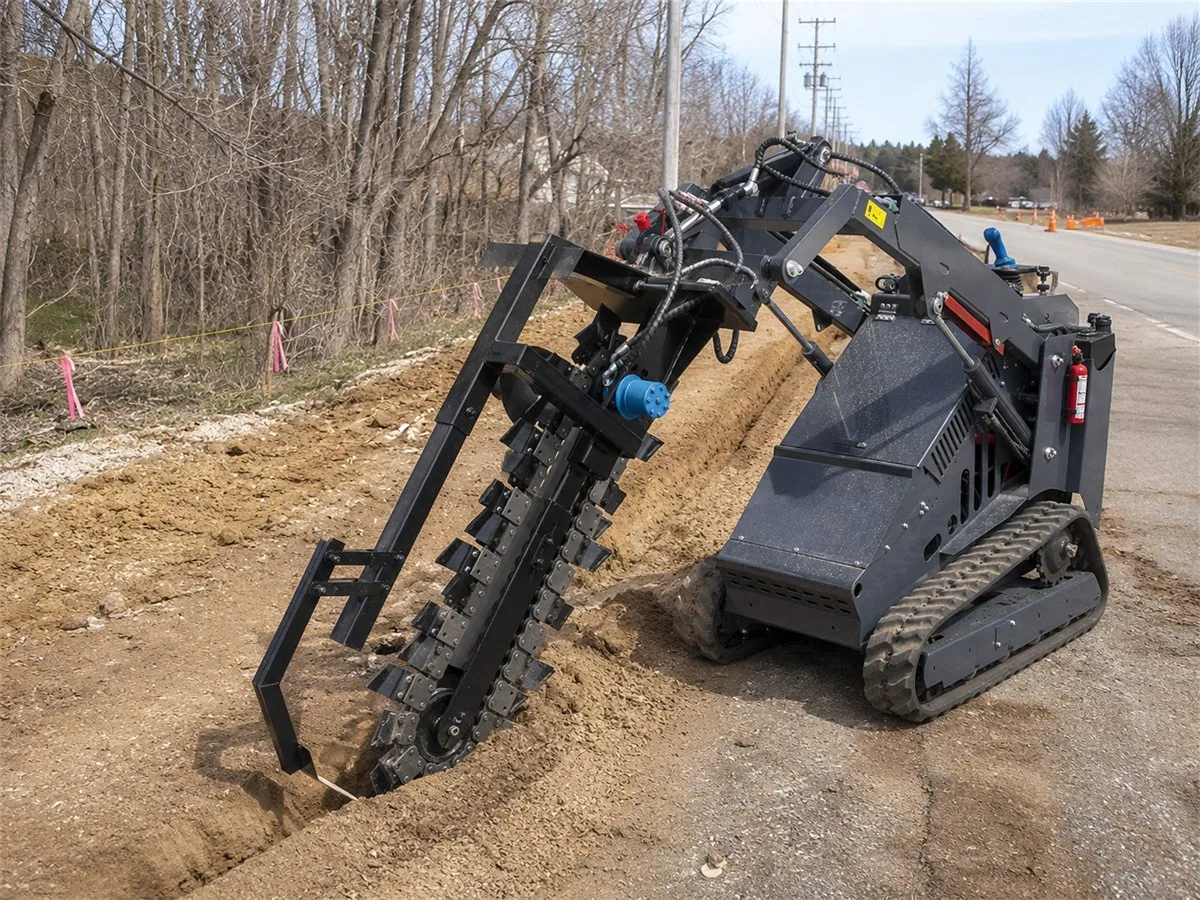 Mini skid steer trencher attachment for narrow utility and irrigation trenches