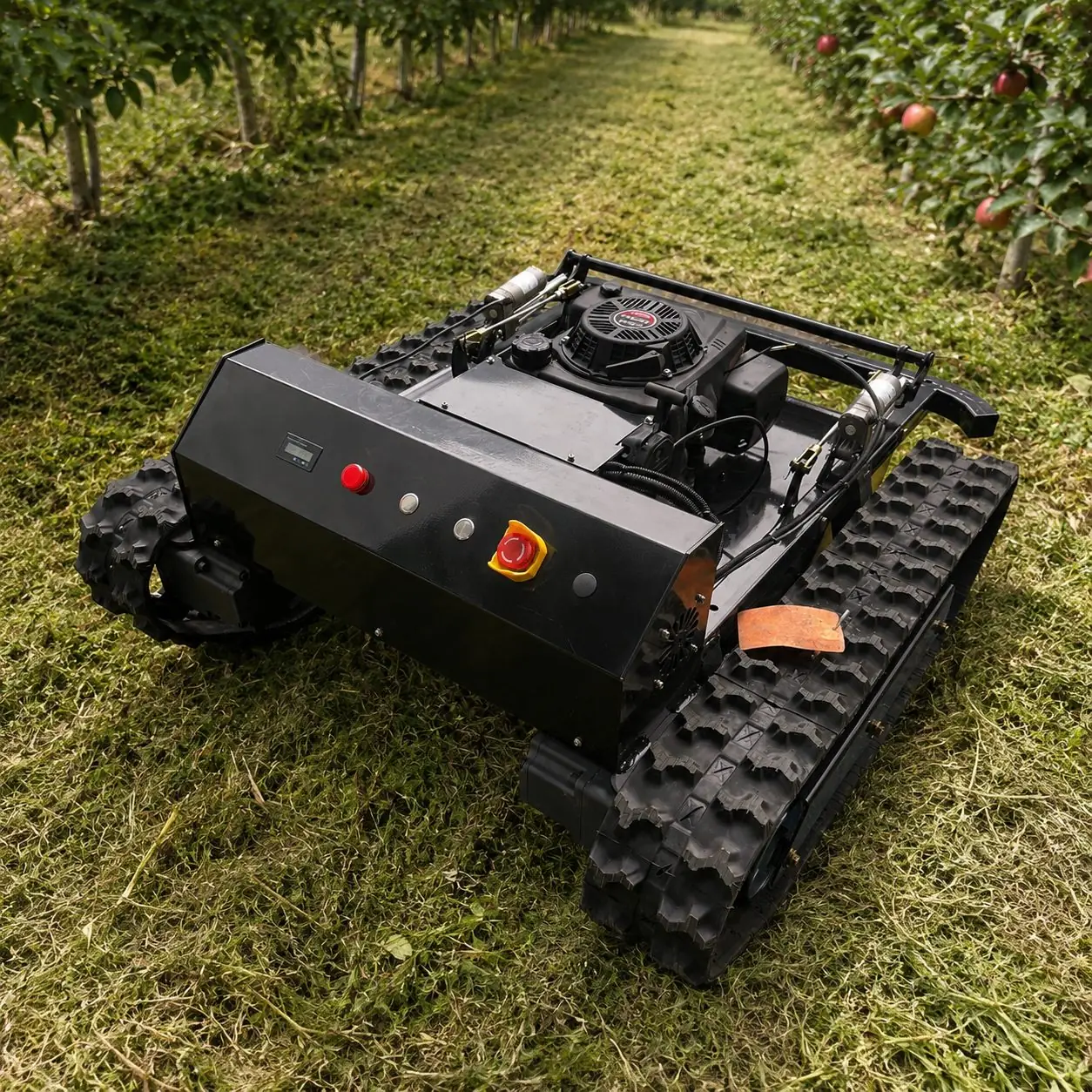 Tank remote controlled mower for orchard row grass cutting