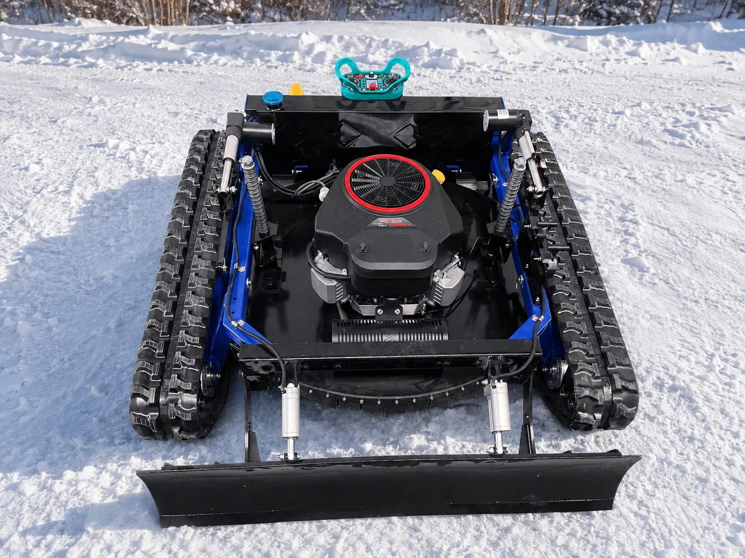Tank remote mower snow blade option for winter path clearing