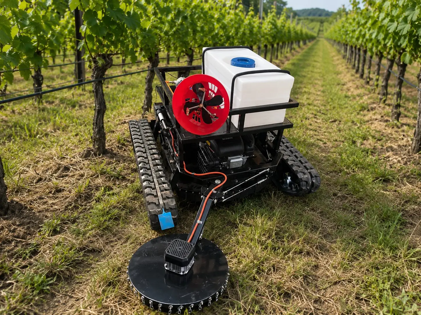 Tank remote mower sprayer system option for vineyard and orchard maintenance